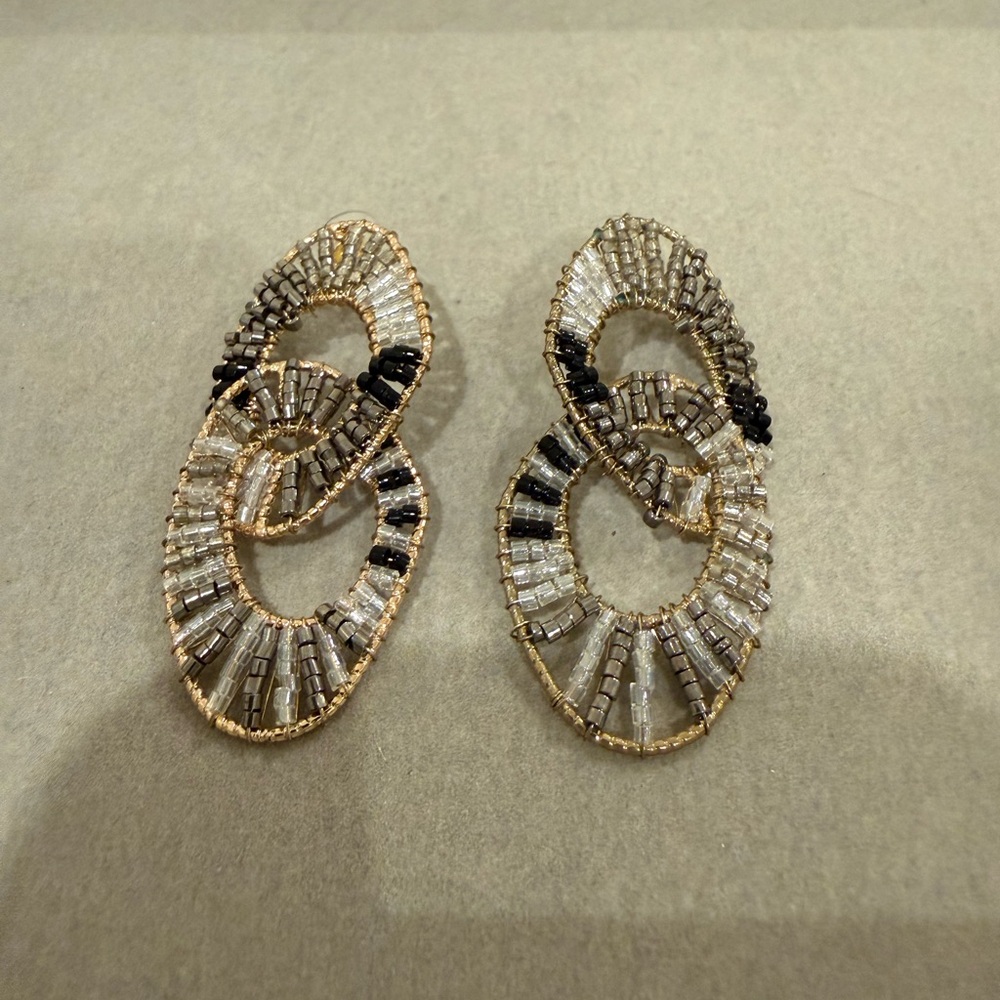 Gold-Tone Black & Clear Bead Link Drop Earrings